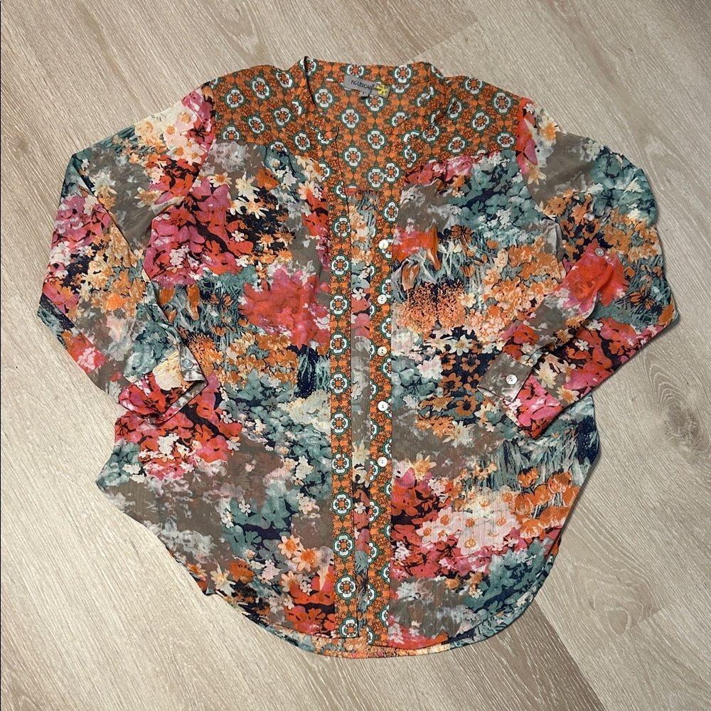 Fig & Flower Anthropology Floral Geometric Patterned Chiffon Roll Sleeve Shirt